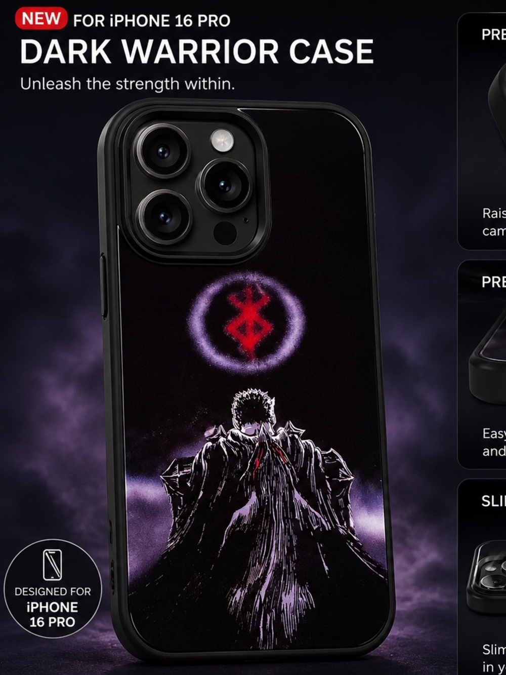 Dark Warrior Case for iPhone 16 Pro - Black/Purple Graphic